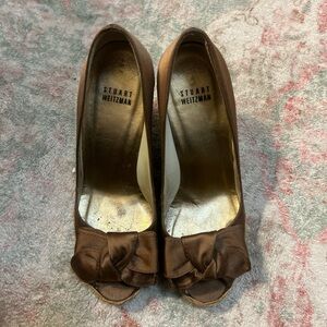 Stuart Weitzman Satin Brown Bow Heels
